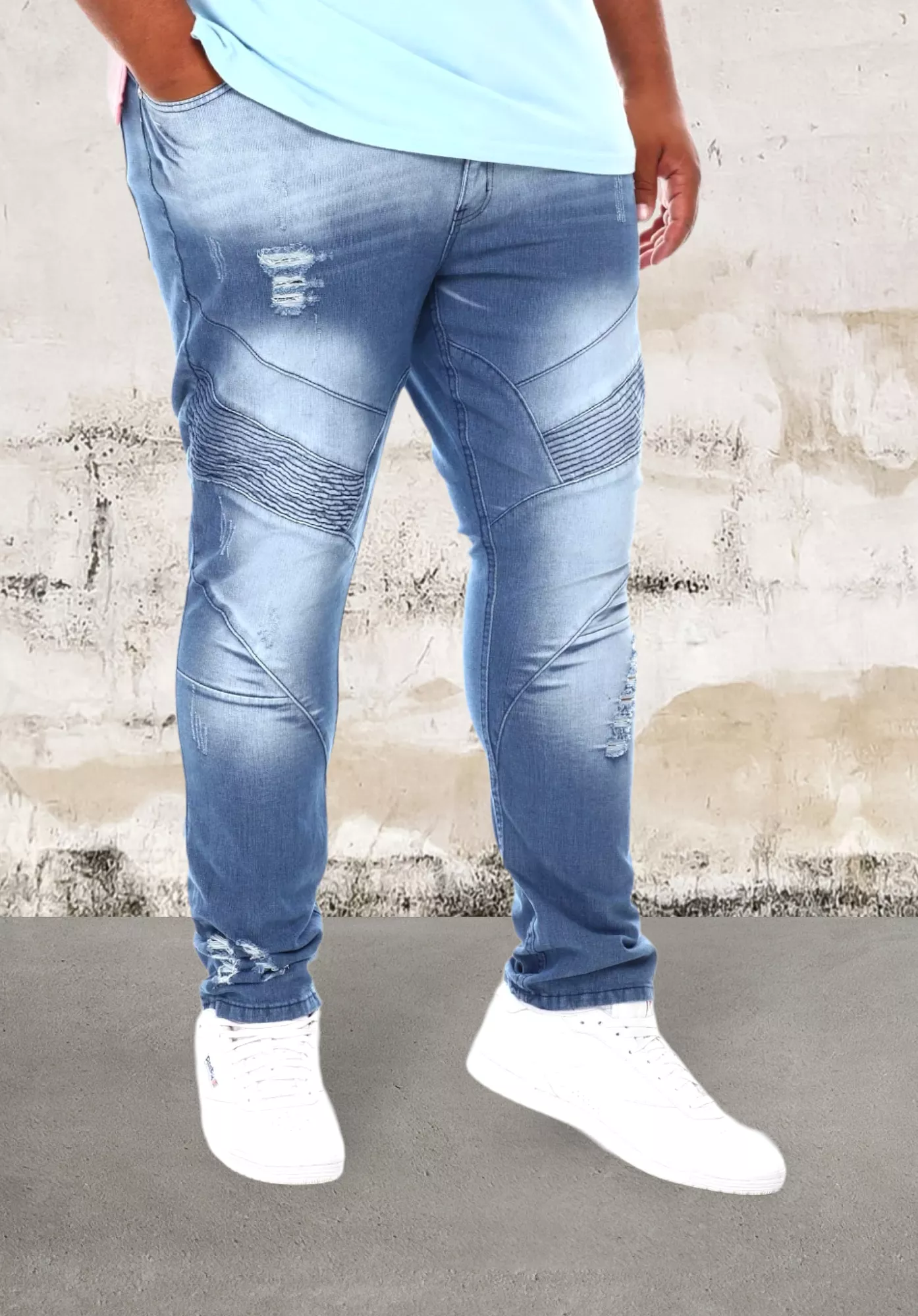 Men's moto panels on front skinny jeans