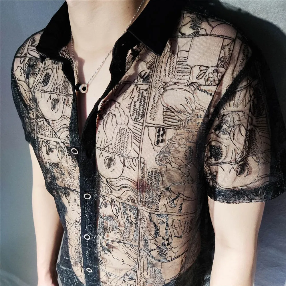 Men's Summer England Style Single Breasted Transparent Short Sleeve Shirt