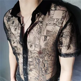 Men's Summer England Style Single Breasted Transparent Short Sleeve Shirt