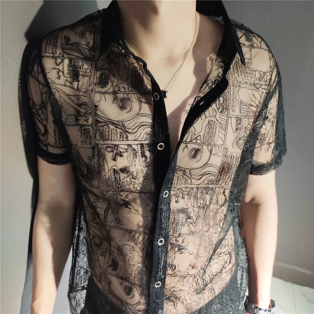 Men's Summer England Style Single Breasted Transparent Short Sleeve Shirt