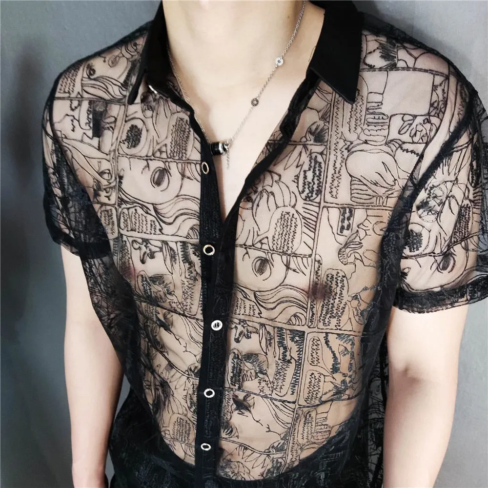 Men's Summer England Style Single Breasted Transparent Short Sleeve Shirt