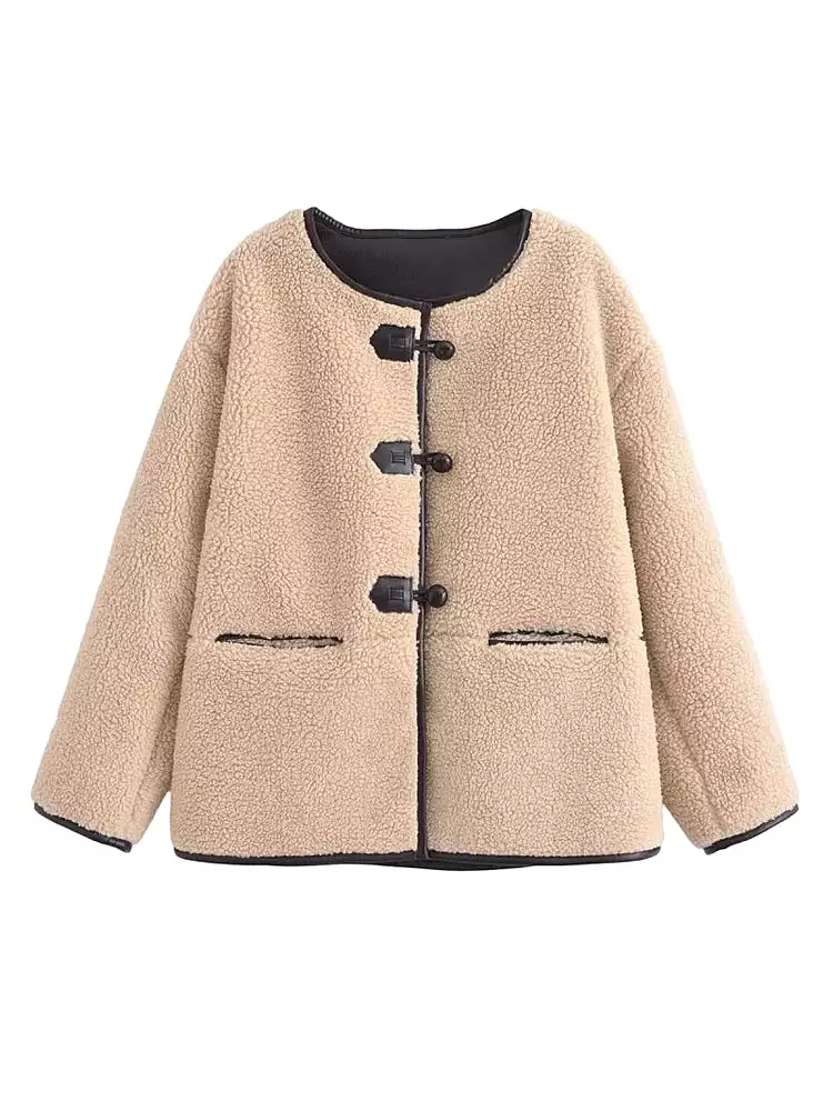 New Women Winter Cashmere Jackets Coats Fashion Solid Buttons O-Neck Wram Female Elegant Street Jacket Clothing