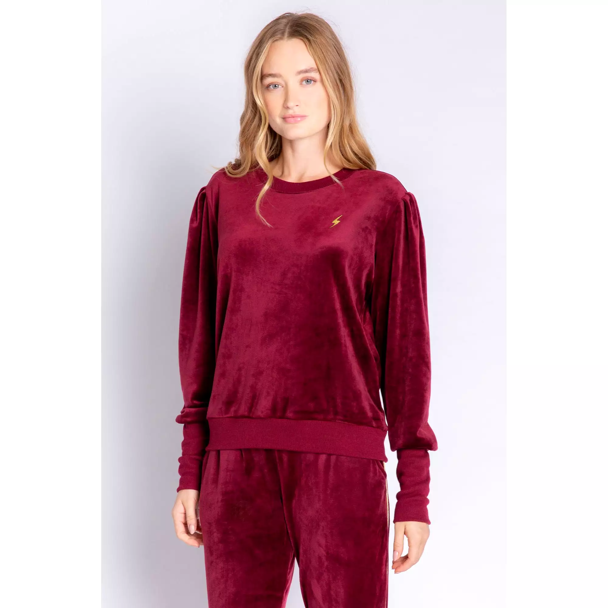 PJ Salvage Women's Velour Vanity Lightning Bolt Top - PORT