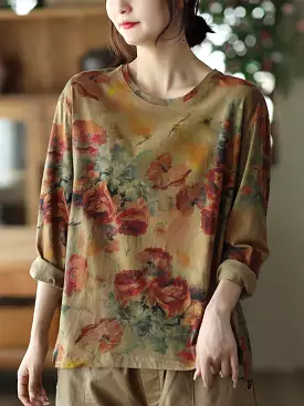 Plus Size Floral Autumn Vintage Women Loose Cotton T-Shirt