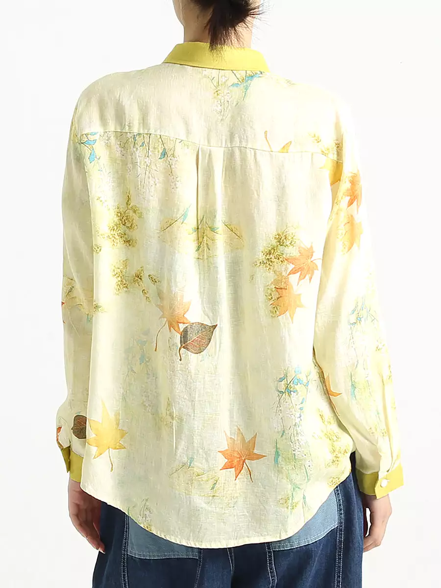 Plus Size Flower Prints Long Sleeve Women Turndown Collar Shirt