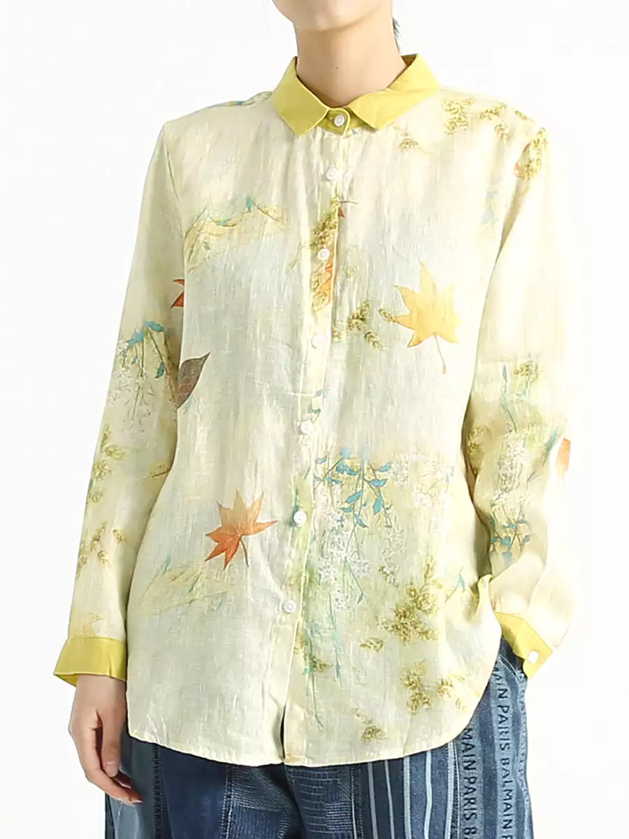 Plus Size Flower Prints Long Sleeve Women Turndown Collar Shirt