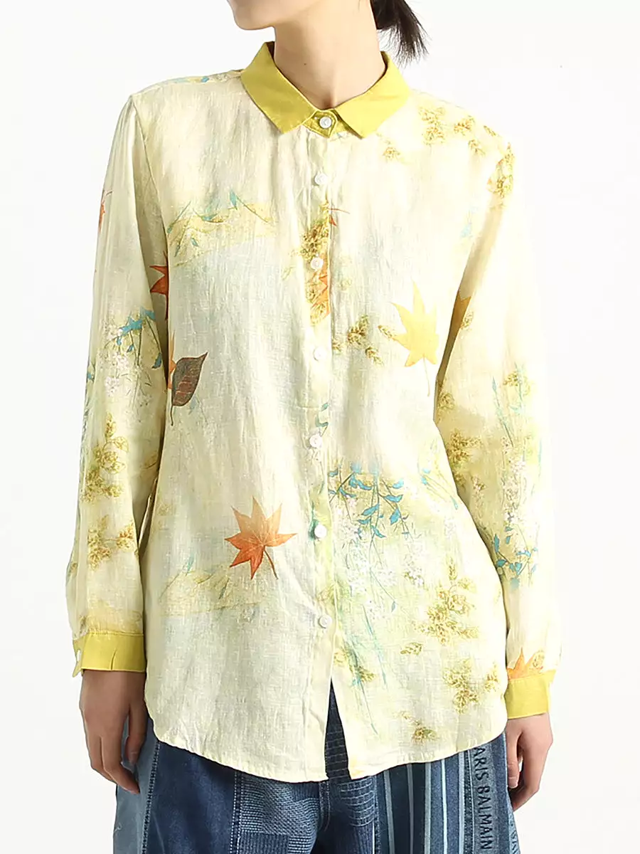 Plus Size Flower Prints Long Sleeve Women Turndown Collar Shirt