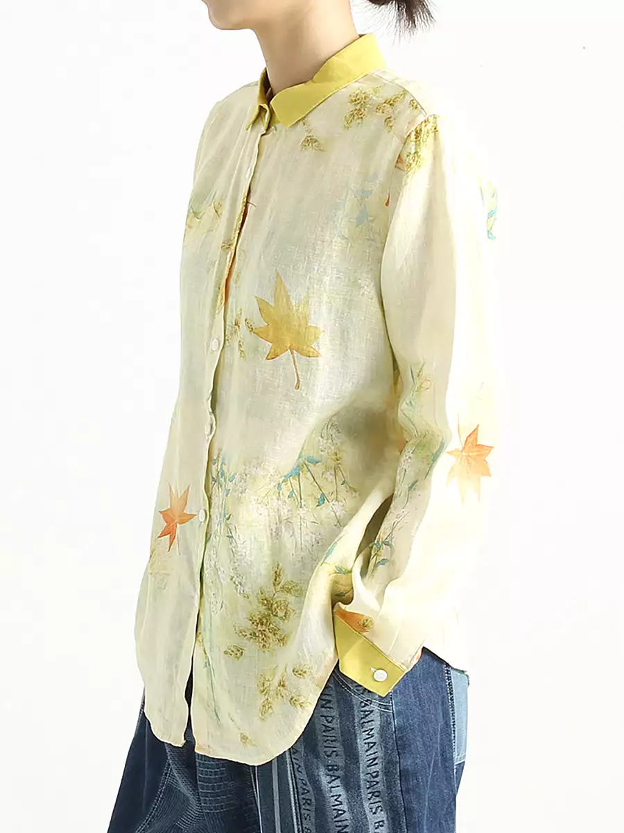 Plus Size Flower Prints Long Sleeve Women Turndown Collar Shirt