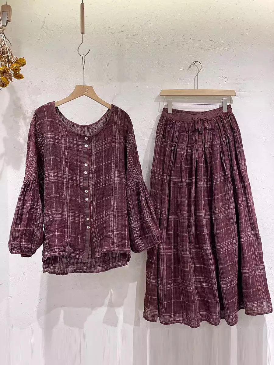 Plus Size Spring Women Retro Plaid Ramie Shirt/Skirt