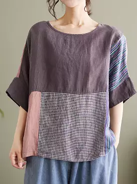 Plus Size Vintage Short Sleeve Women Linen Patchwork Loose T Shirt