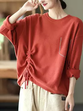 Plus Size Women Casual Stitching Shirred Cotton Shirt