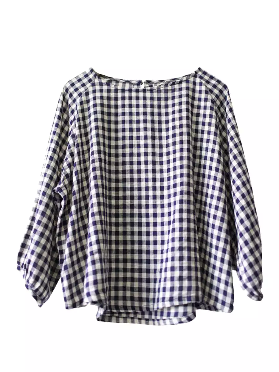 Plus Size Women Summer Vintage Plaid Loose Pullover Linen Shirt