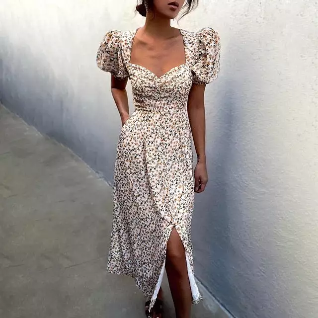 Puff Short Sleeve Women Summer Midi Dress Vintage V Neck White Floral Print French Style Sundress Sexy Slit Party Dresses 2022