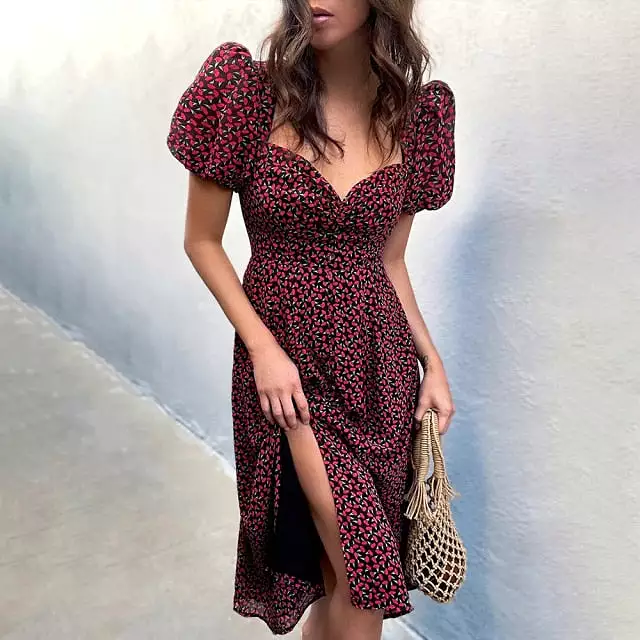 Puff Short Sleeve Women Summer Midi Dress Vintage V Neck White Floral Print French Style Sundress Sexy Slit Party Dresses 2022