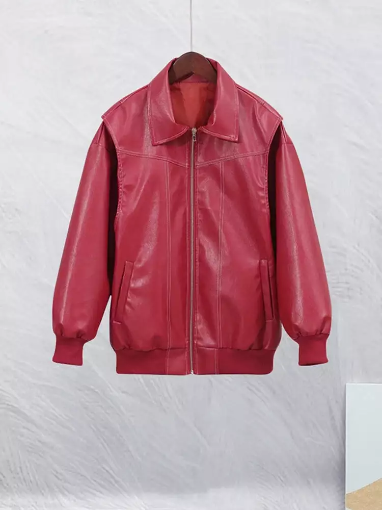 Red Women Stitching Pu Leather Jackets Chic Lapel Long Sleeve Zippered Coats 2023 Autumn Female Pockets Street Jacket