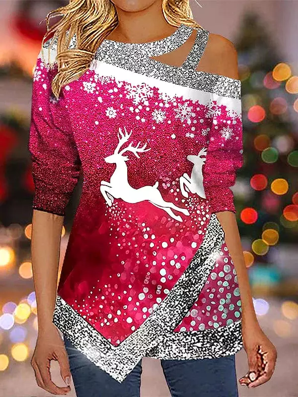 Reindeer Snowflake Print Long Sleeve Women's Shirt