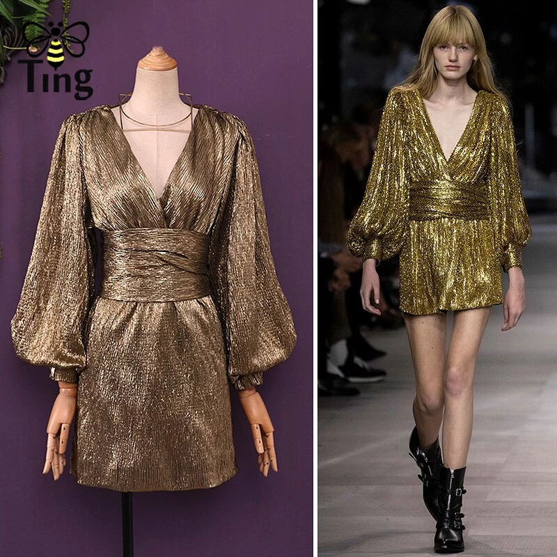 Runway Luxury Party Night Mini Dresses Sexy Deep V neck Shiny Glitter Short Dress Golden Bling Vintage Dress Trendy