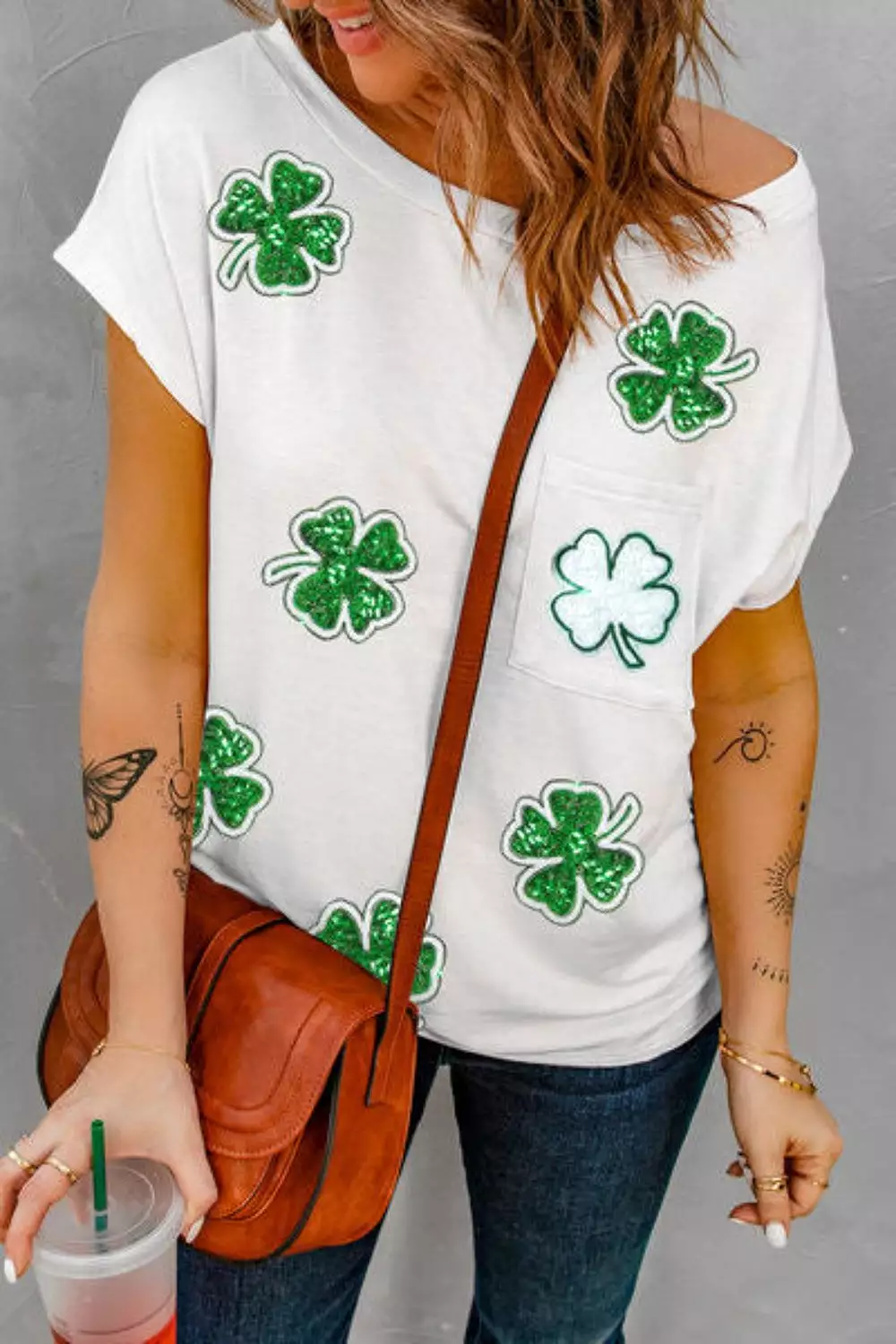 Sequin Lucky Clover Boat Neck T-Shirt