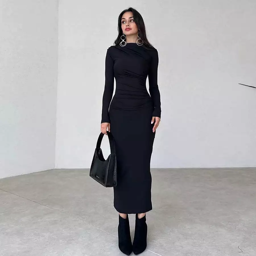 Simple Long Sleeve Dress Autumn dress long sleeve sexy Vintage Maxi Long Sleeve Dress