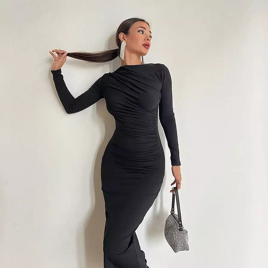 Simple Long Sleeve Dress Autumn dress long sleeve sexy Vintage Maxi Long Sleeve Dress