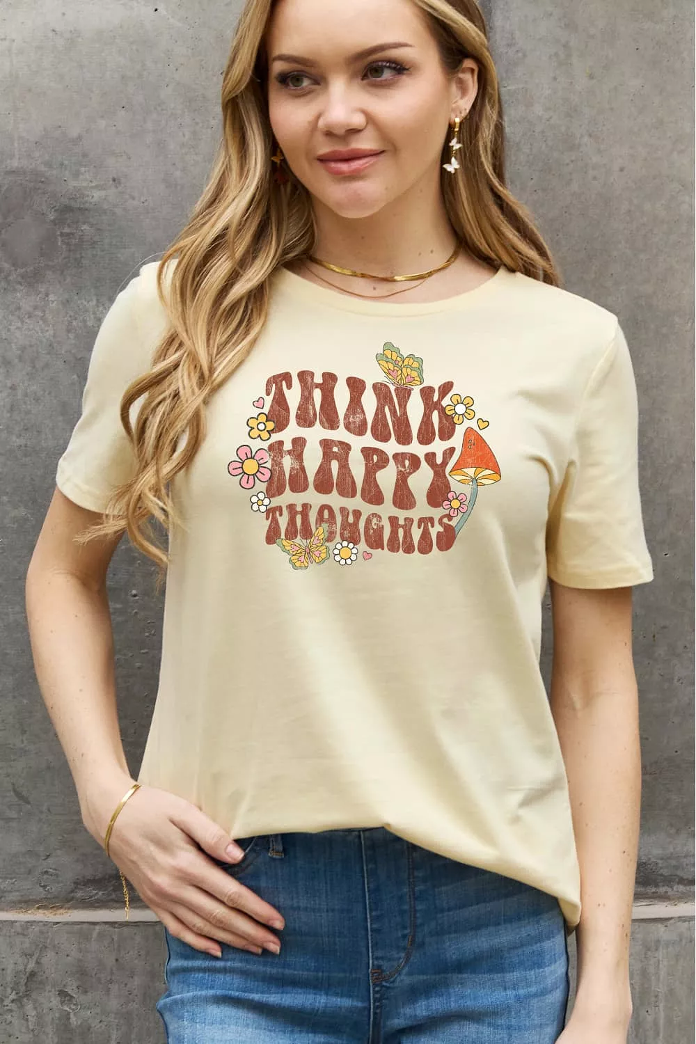 Simply Love Full Size THINK HAPPY THOUGHTS Graphic Cotton Tee