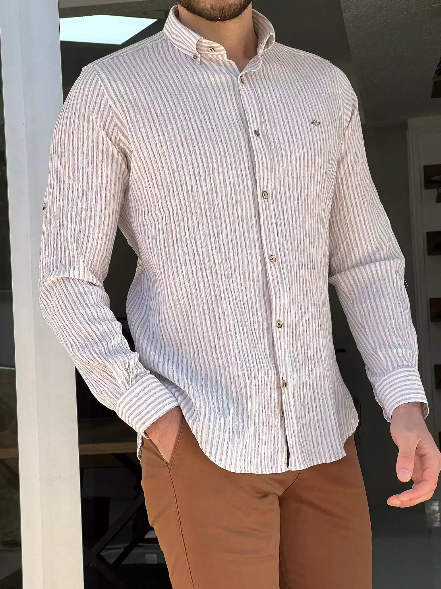 Slim Fit Foldable Sleeve Seersucker Beige Shirt