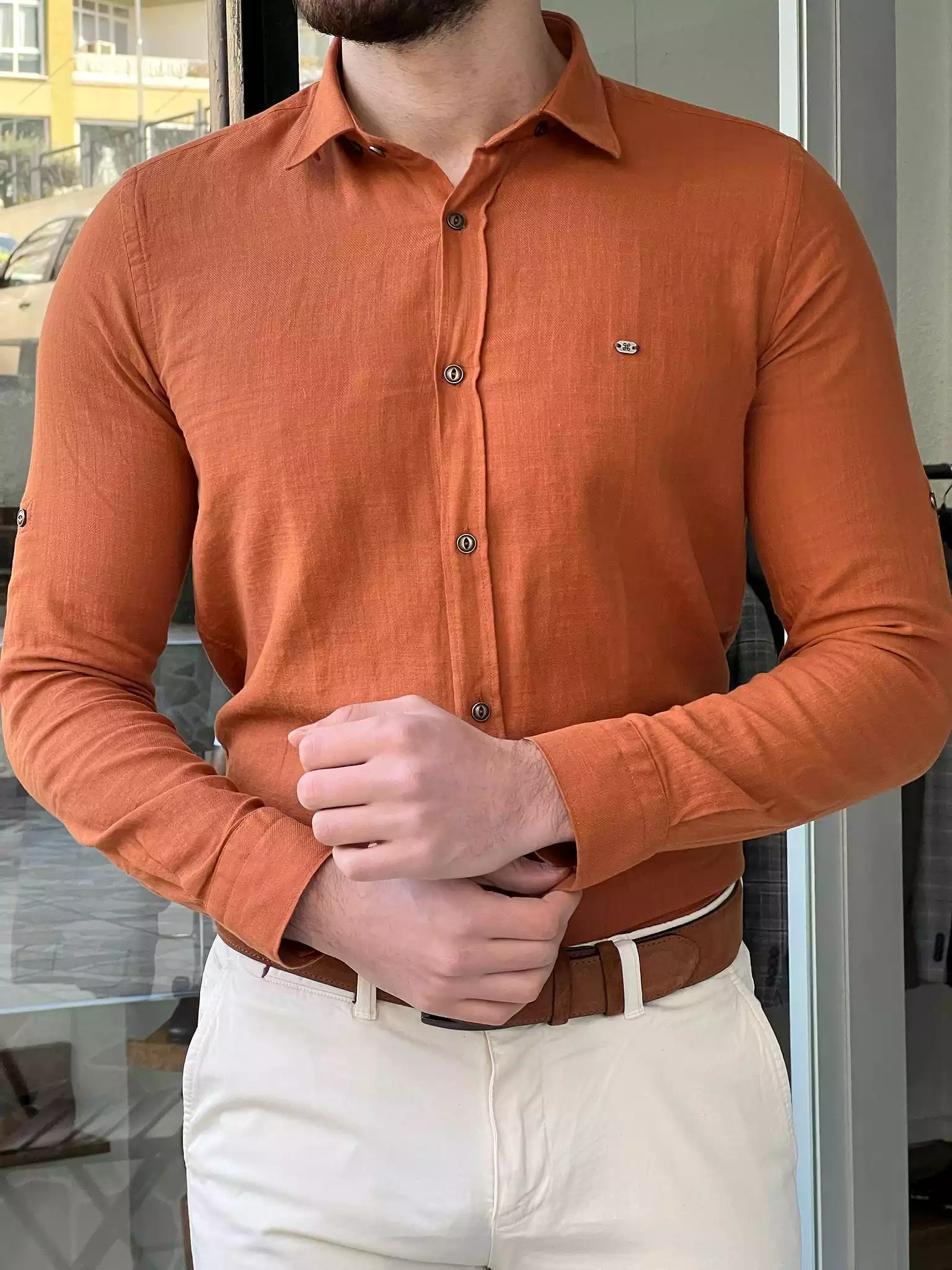 Slim Fit Foldable Sleeve Tile Shirt