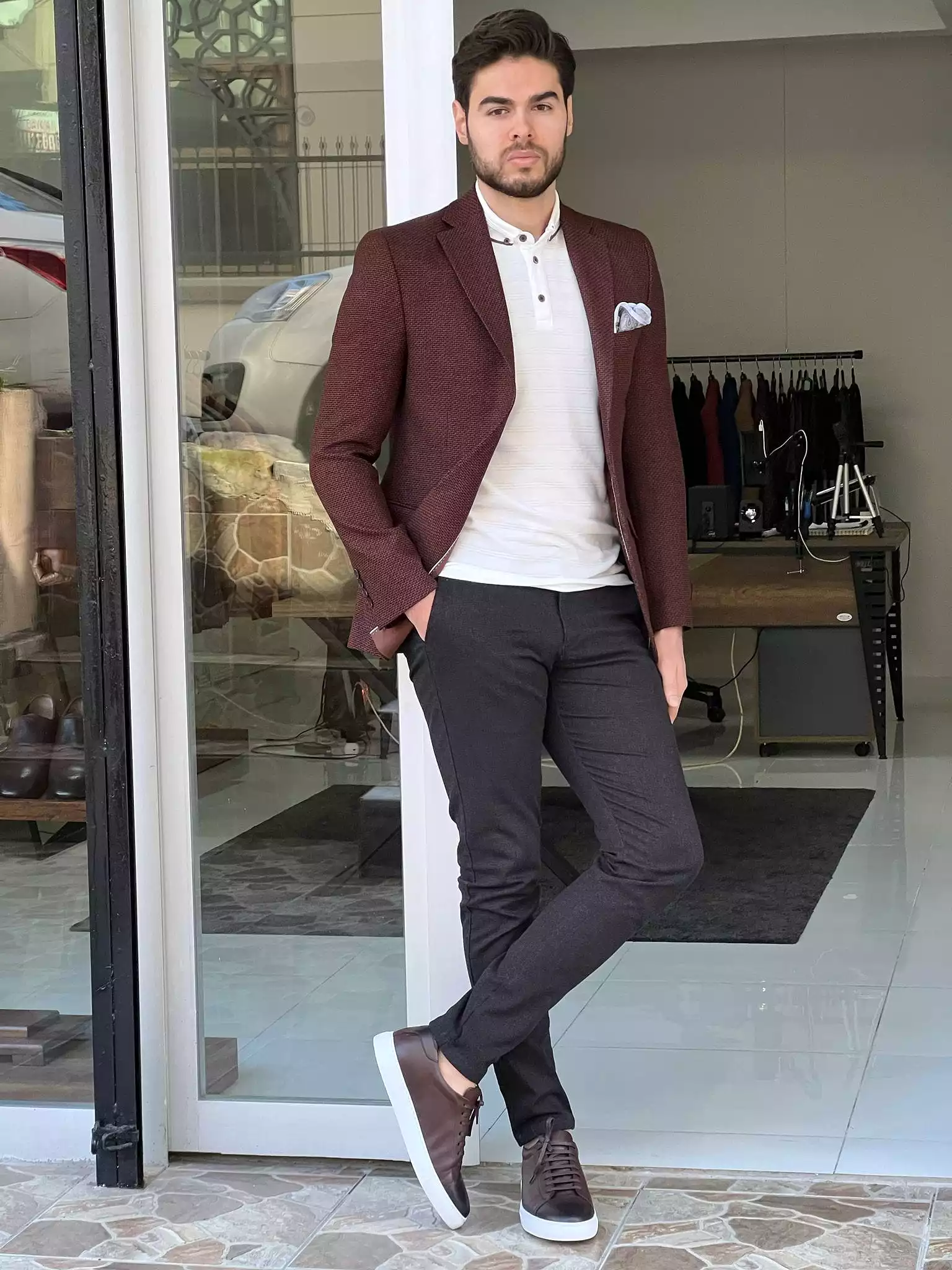 Slim Fit Knitted Brown Jacket