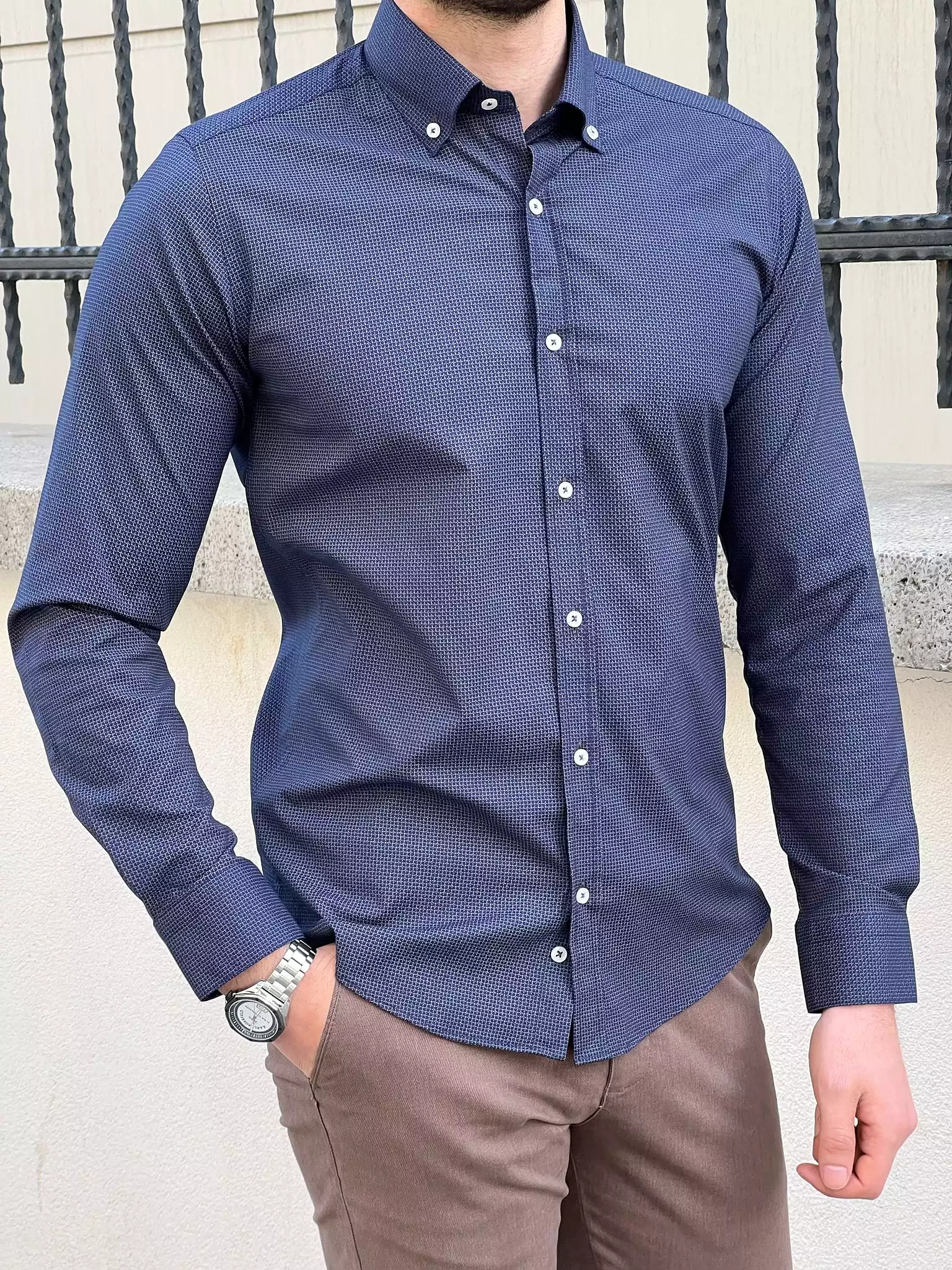 Slim Fit Patterned Cotton Navy blue Shirt