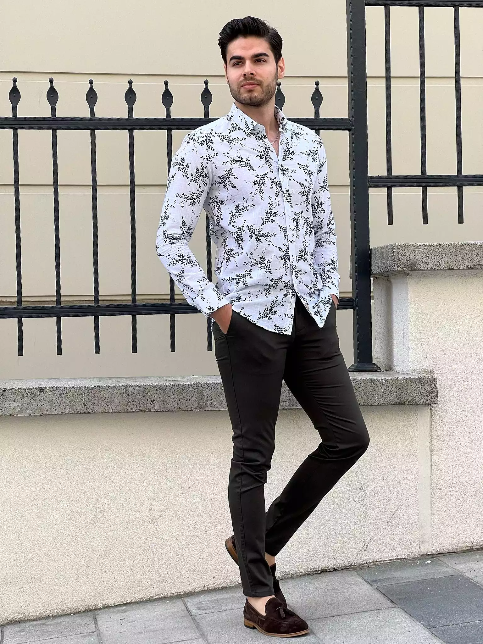 Slim Fit Patterned Cotton White Khaki Shirt