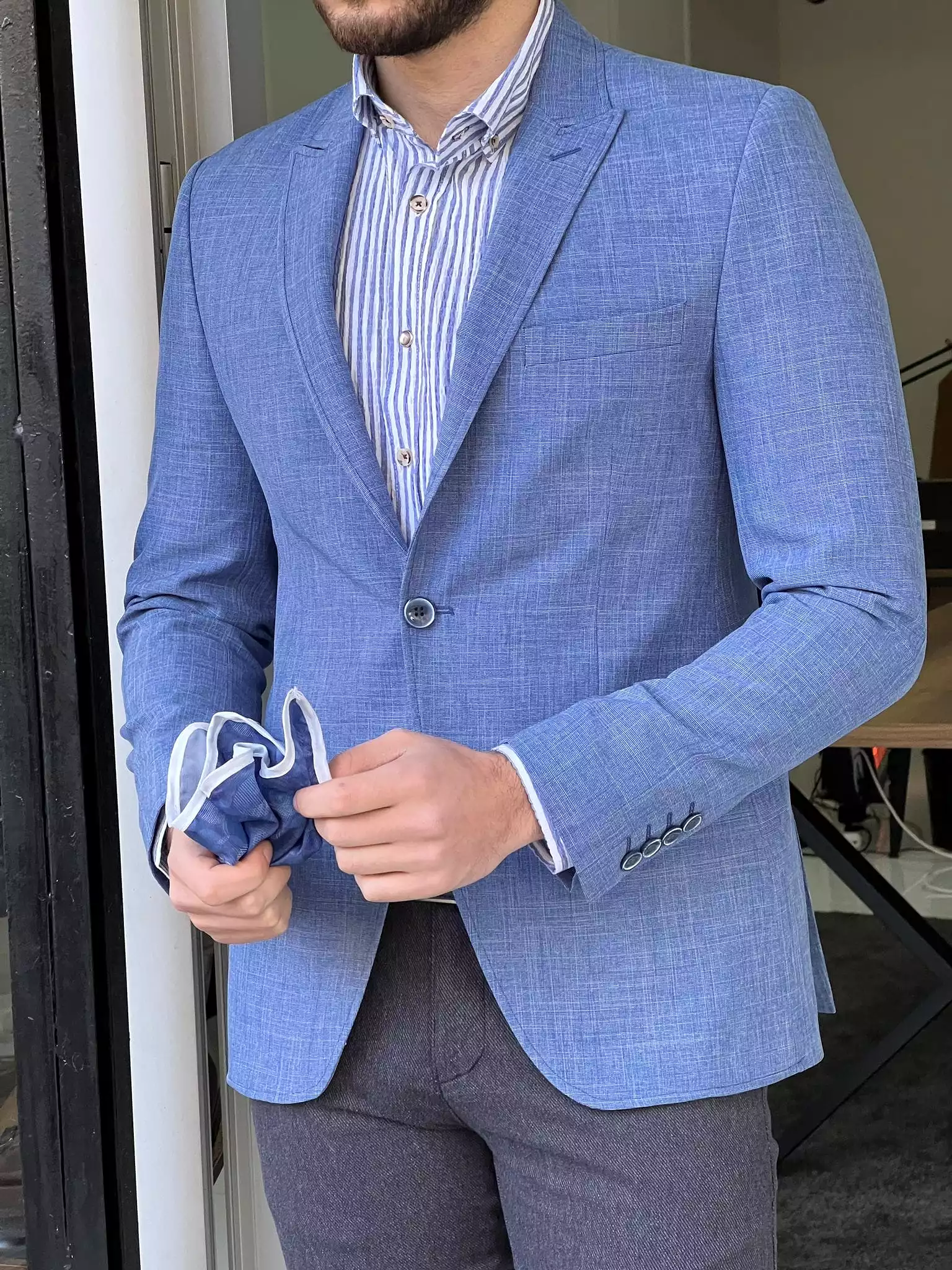 Slim Fit Self-Patterned Cotton Blue Jacket