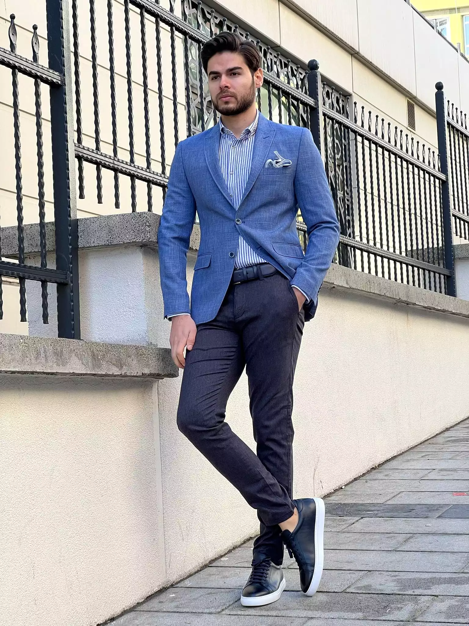 Slim Fit Self-Patterned Cotton Blue Jacket