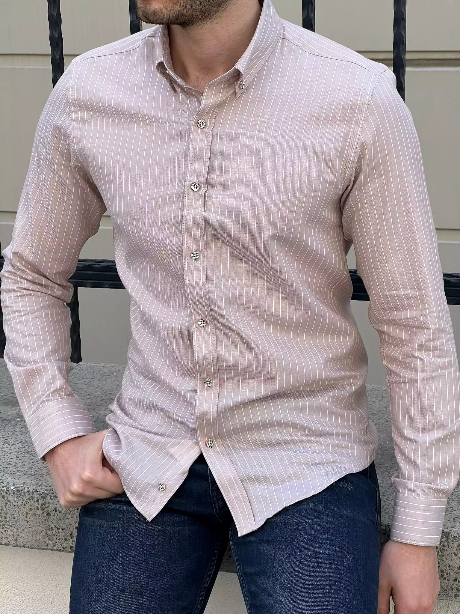 Slim Fit Striped Cotton Beige Shirt