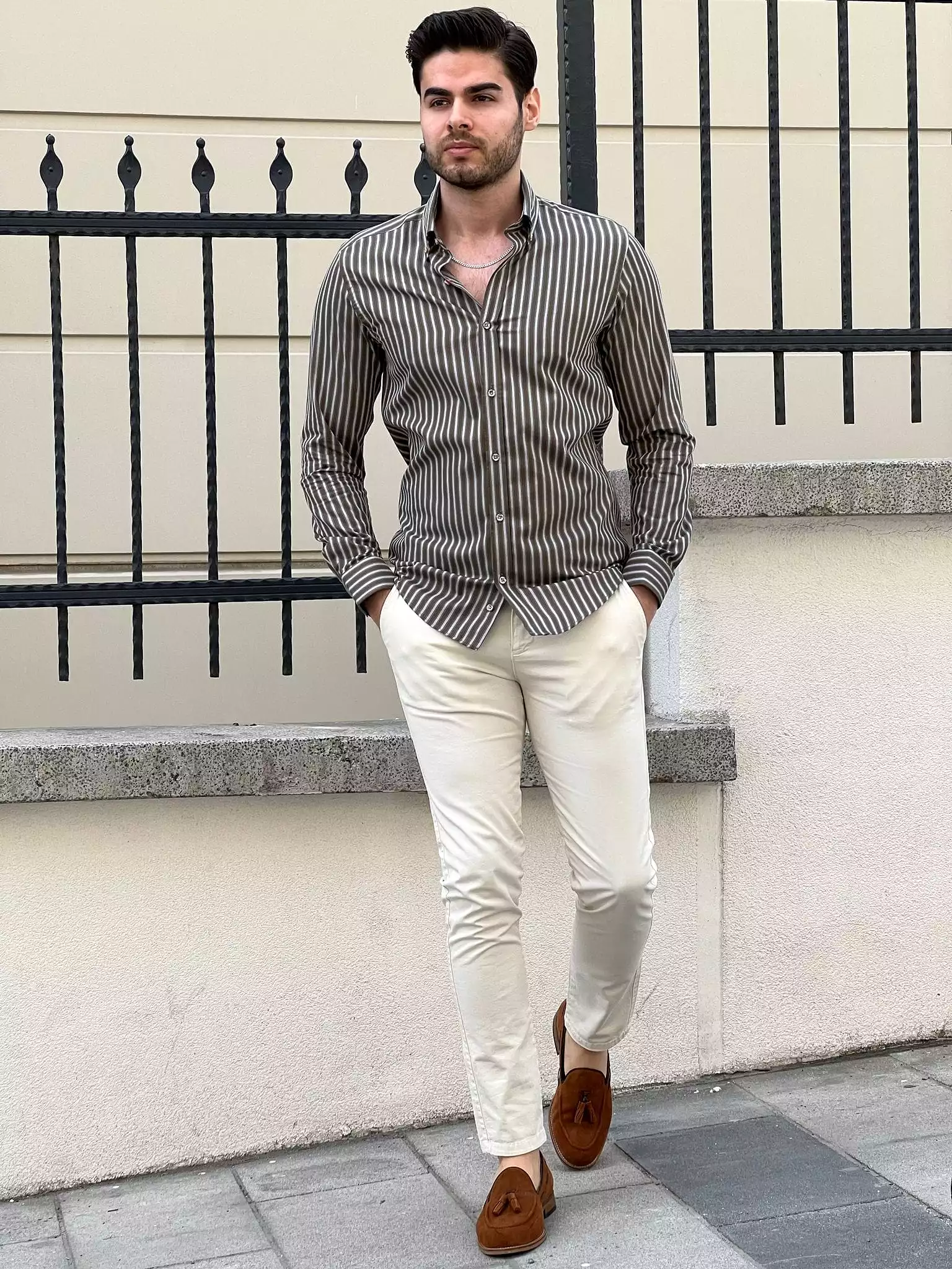 Slim Fit Striped Cotton Khaki Shirt