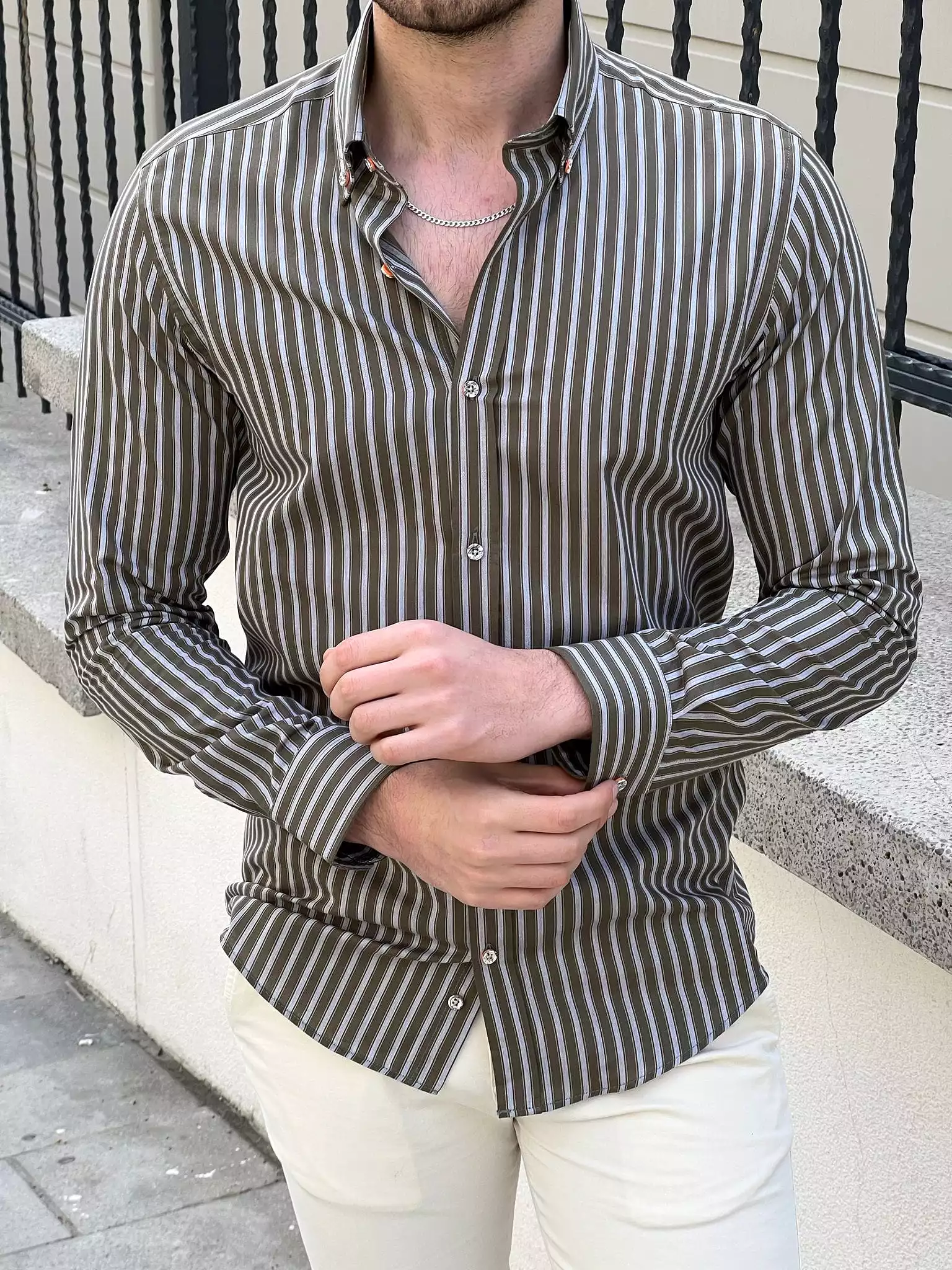 Slim Fit Striped Cotton Khaki Shirt