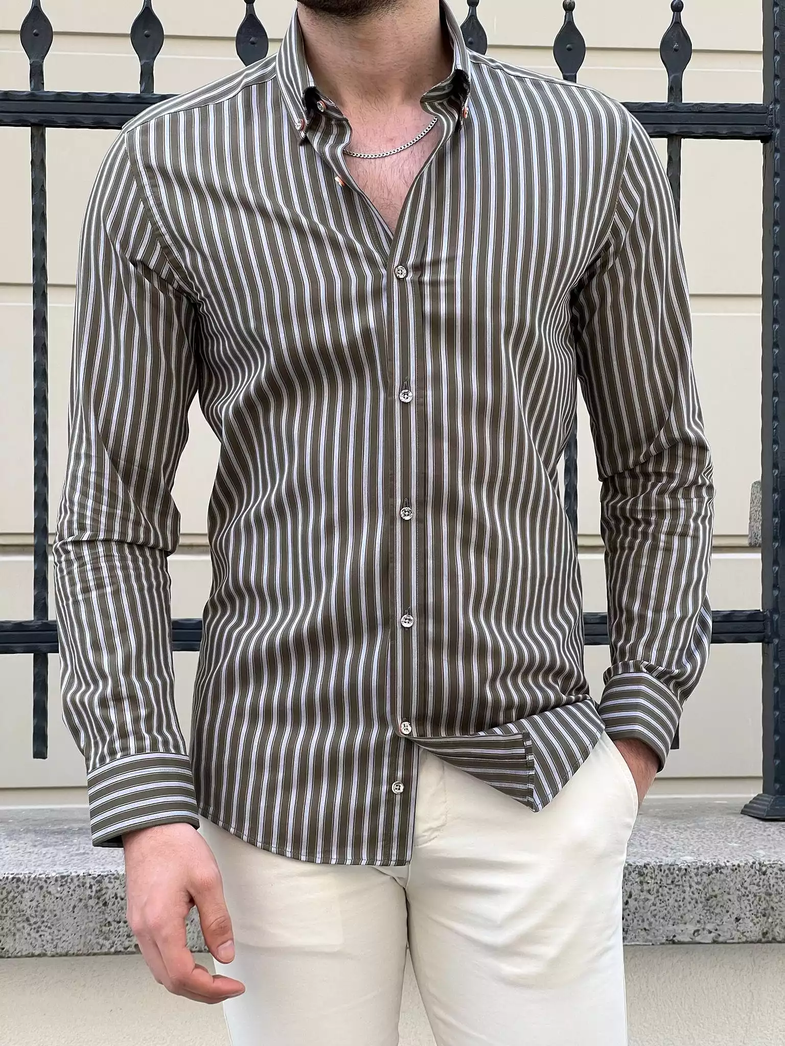 Slim Fit Striped Cotton Khaki Shirt