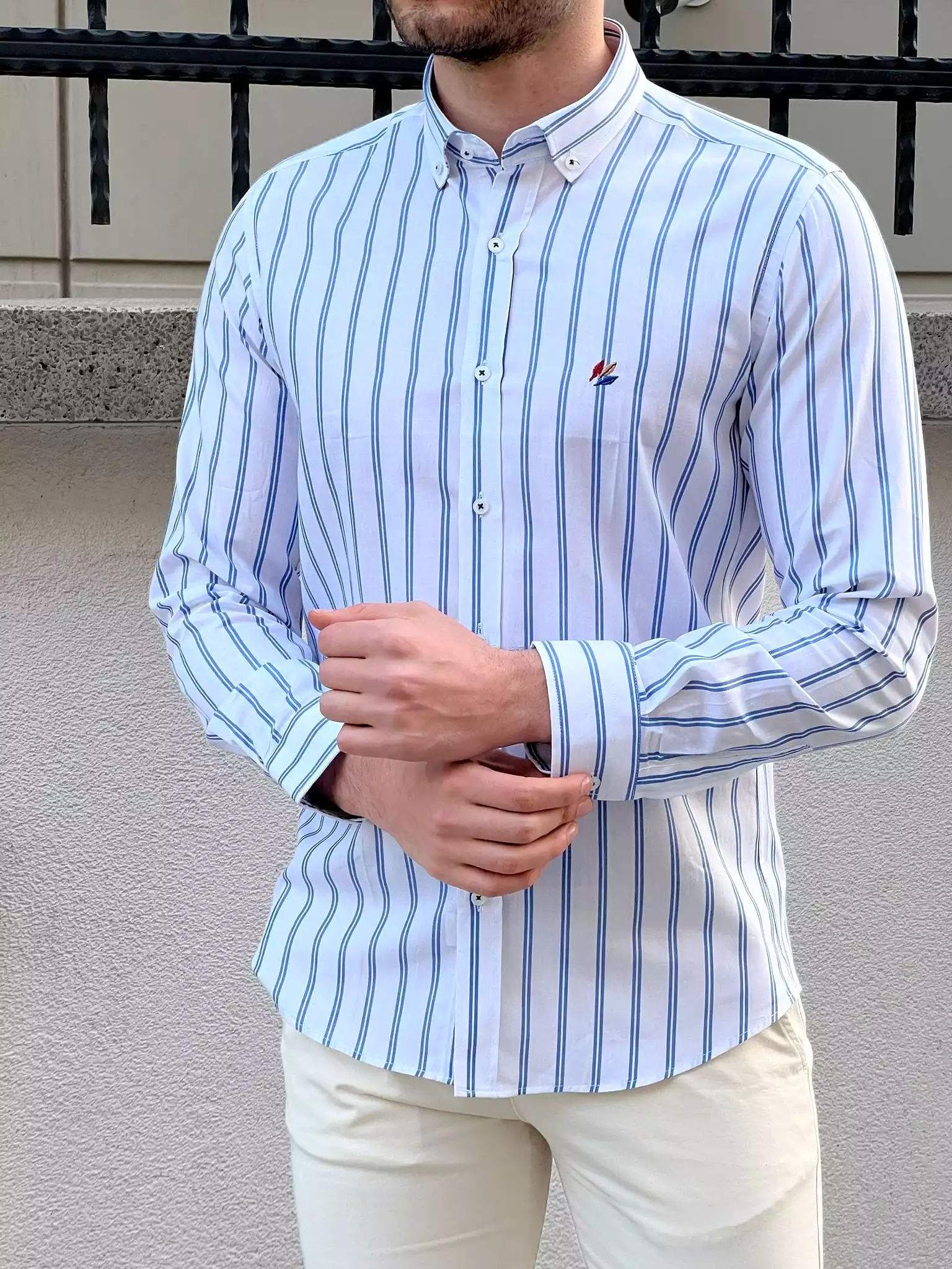 Slim Fit Striped Cotton White & Blue Shirt