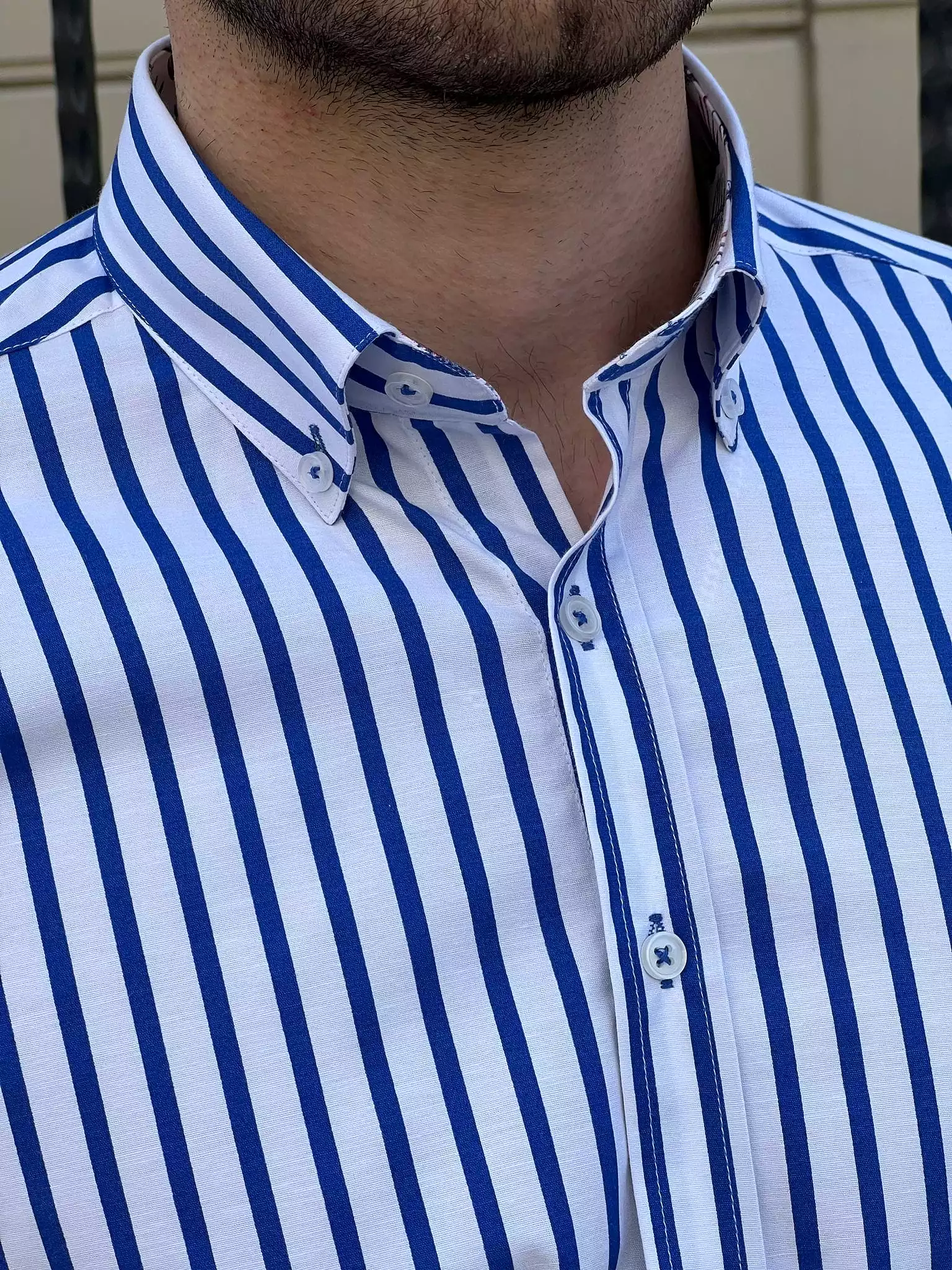 Slim Fit Striped Cotton White & Sax Shirt