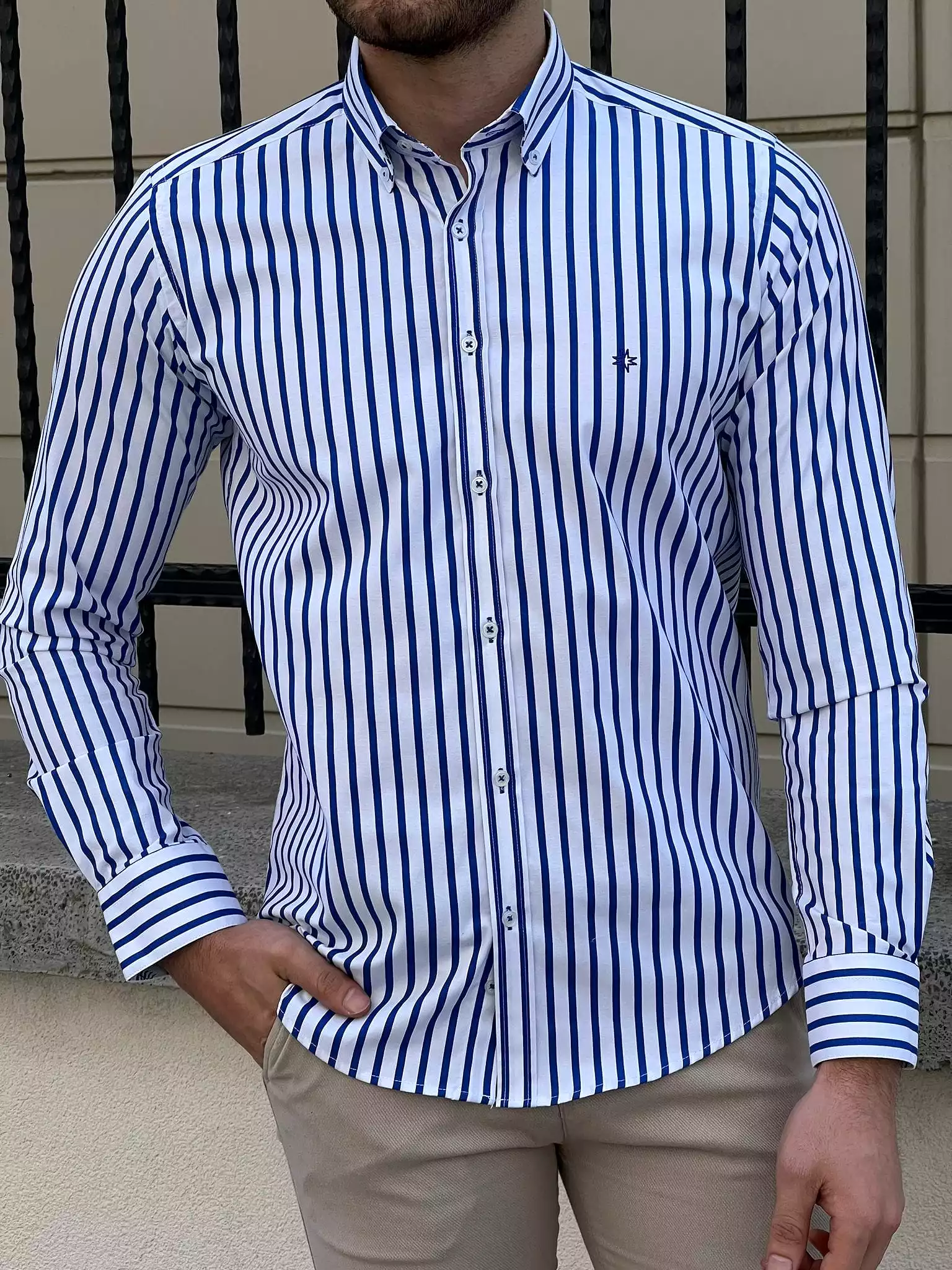 Slim Fit Striped Cotton White & Sax Shirt