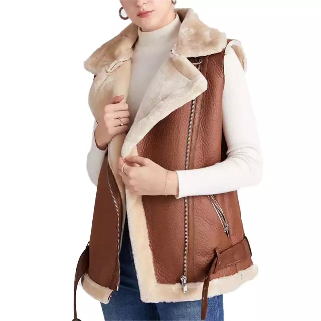 Slim Women Faux Leather Fur Vest Jacket Retro Streetwear Buckle Belt Fashion Solid Warm Burrs Female Chic Outwear