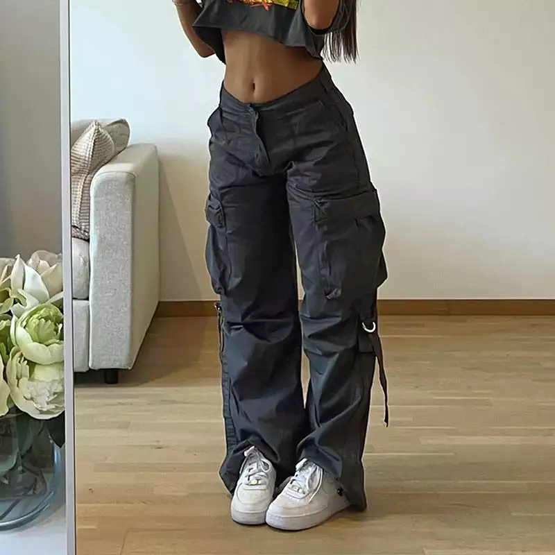 Solids Casual Cargo Jeans Zipper Button Pockets Denim Pants Streetwear Hippie Vintage Loose Baggy Women Skinny Trousers