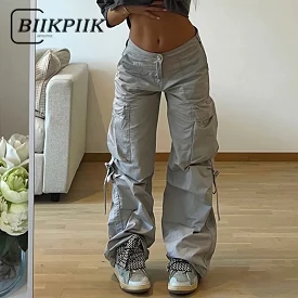 Solids Casual Cargo Jeans Zipper Button Pockets Denim Pants Streetwear Hippie Vintage Loose Baggy Women Skinny Trousers