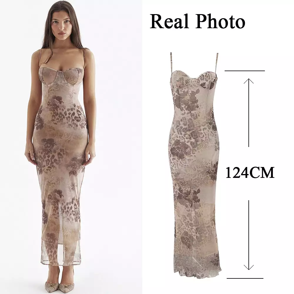 Summer Spaghetti Strap Leopard Printing Dress Elegant Vintage Bodycon Mesh Birthday Wedding Guest Party Dress long