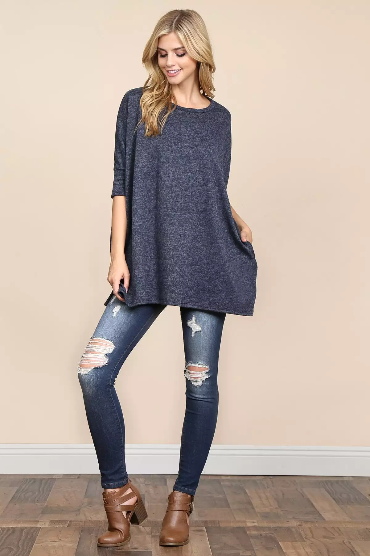 Two Tone Hacci Oversized Dropped Shoulder Pocket Tunic