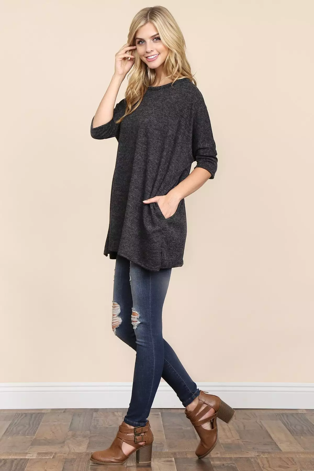 Two Tone Hacci Oversized Dropped Shoulder Pocket Tunic