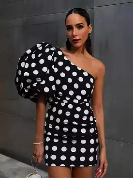 Unsymmetrical Vintage Polk Dot Printed Black Mini Dress Cocktails Party Dress