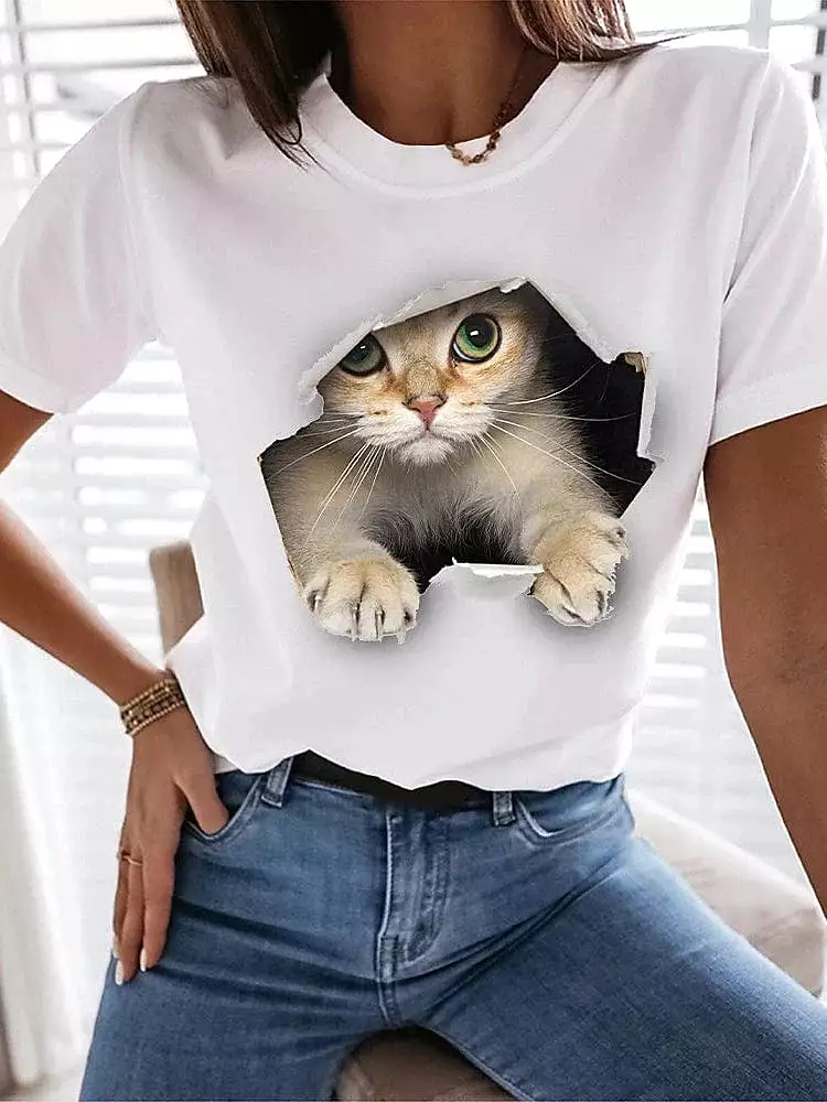 Upgrade Your Casual Wardrobe with Women's 100% Cotton Funny Cat Print Tee Shirt