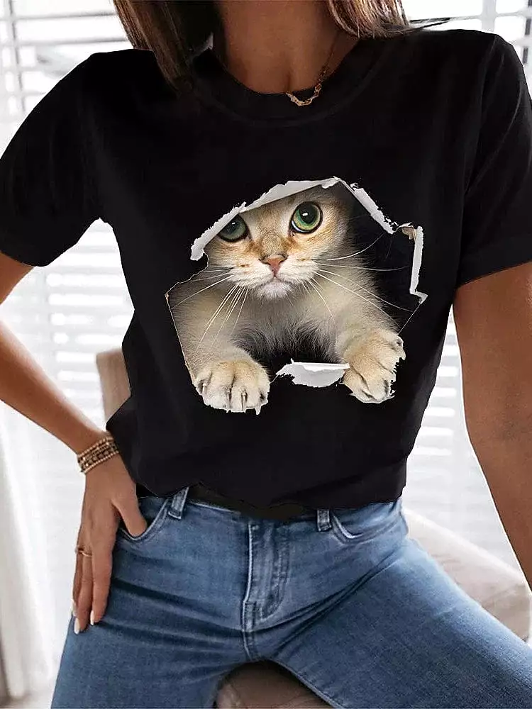 Upgrade Your Casual Wardrobe with Women's 100% Cotton Funny Cat Print Tee Shirt