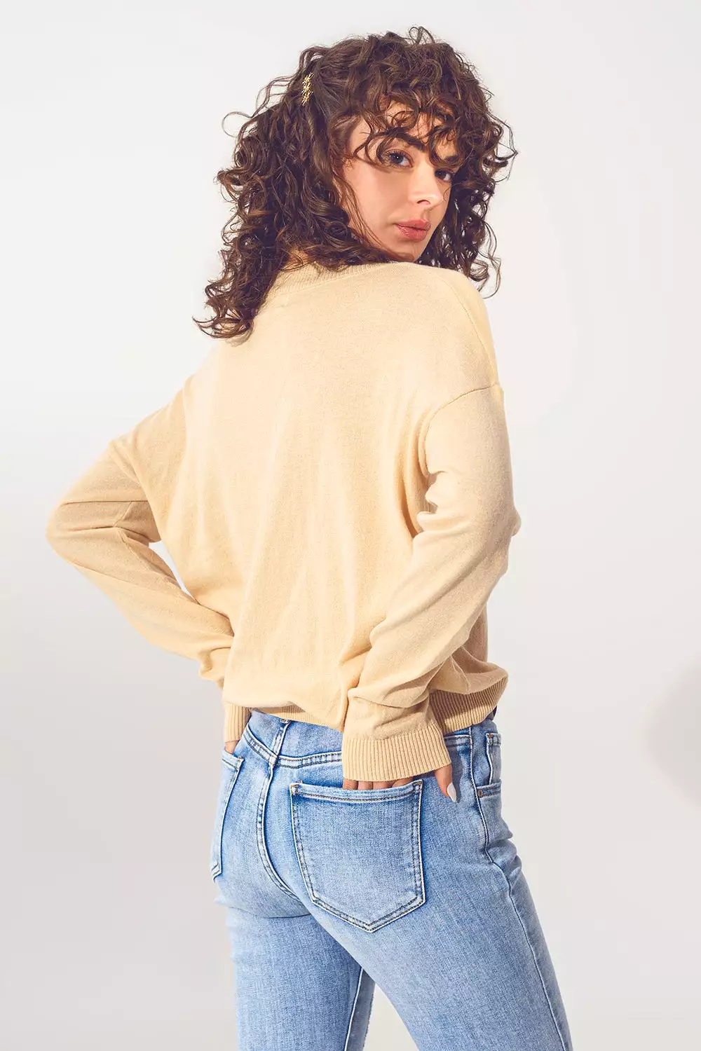 V-Neck Fine Knit Sweater in Beige