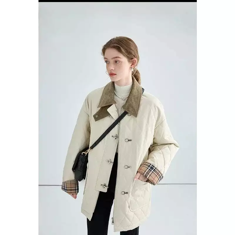 Vintage Autumn Winter Casual Retro Style Single Breasted Parkas Plaid Jacket For Women